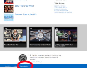 The Chapter Leaders Log In is located in the footer menu